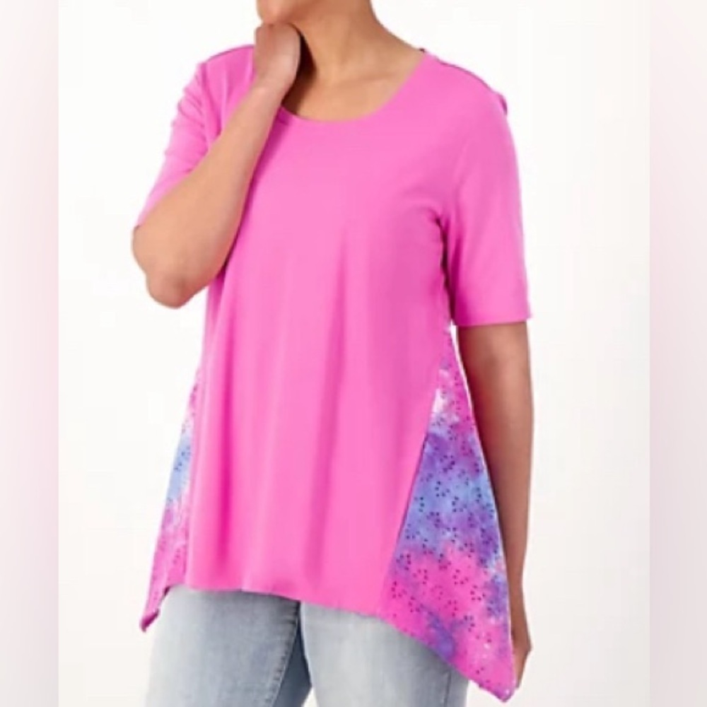 LOGO by Lori Goldstein - NEW - Cotton Modal Top with Eyelet Gusset. Pink Flame
